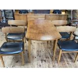 Vintage teak six piece dining suite comprising Long John sideboard, drop leaf table and four chairs.