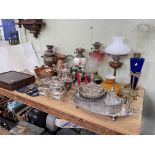 Collection of Victorian oil lamps including ruby glass reservoir, brass columned, hand painted,