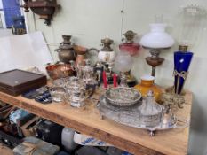 Collection of Victorian oil lamps including ruby glass reservoir, brass columned, hand painted,