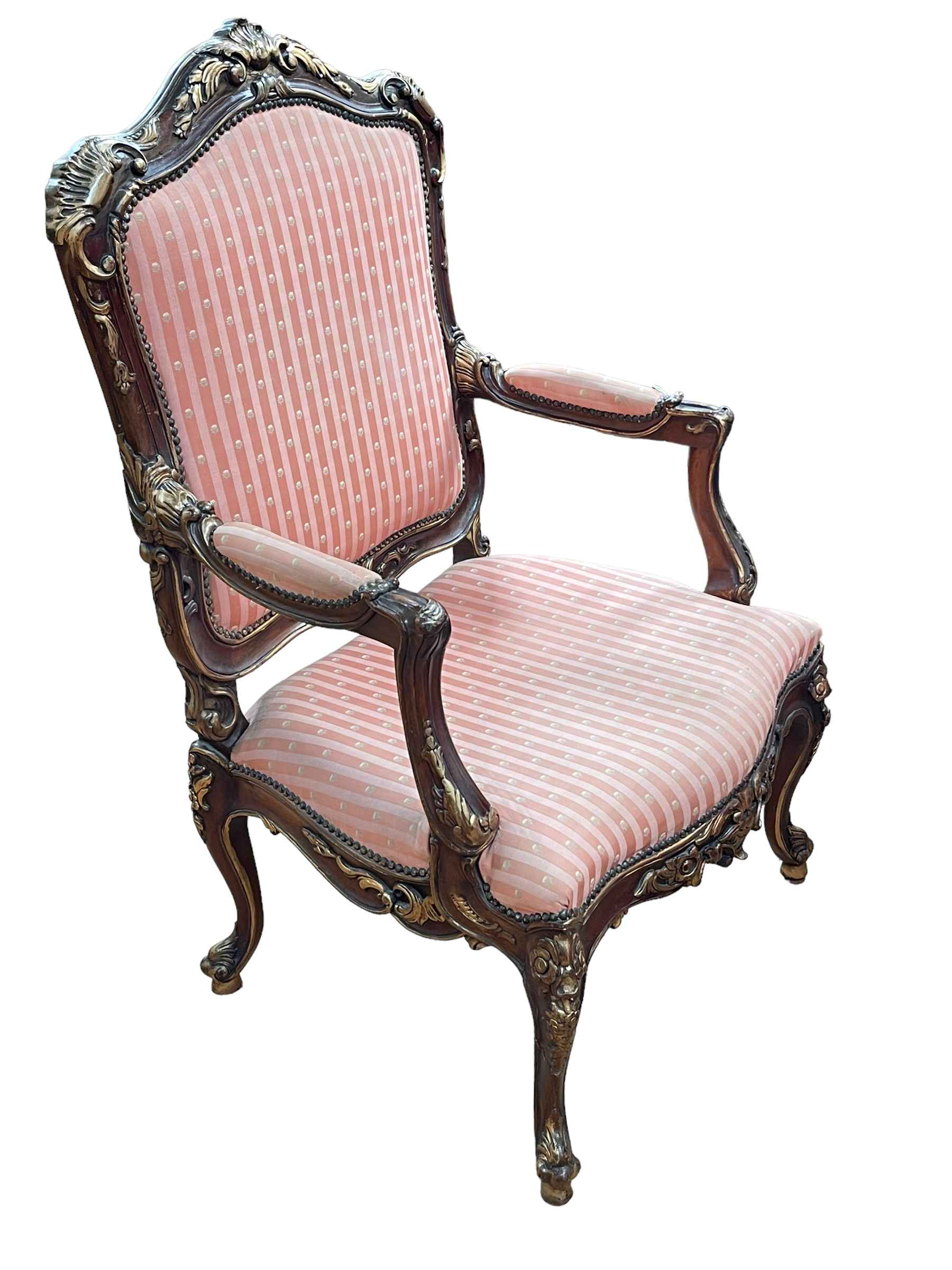 Continental part gilt painted open armchair with serpentine front seat.