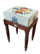 Victorian mahogany needlework seated stool on turned fluted legs, 49cm by 34.5cm by 28cm.