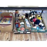 Three boxes of toys and figures, Pelham puppet box, annuals, etc.