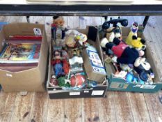 Three boxes of toys and figures, Pelham puppet box, annuals, etc.