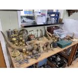 Collection of metalwares including miners lamps, bell weights, ship's mirror, trench art,