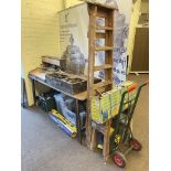 Two joiners tool boxes and large collection of tools, sack barrow, Compound mitre saw, steps, etc.