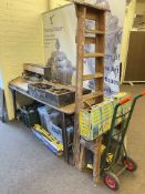 Two joiners tool boxes and large collection of tools, sack barrow, Compound mitre saw, steps, etc.