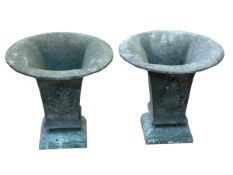 Pair cast flared top Verdi Gris garden planters, 25cm by 27cm diameter.