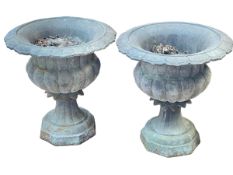 Pair cast pedestal garden planters, 44cm by 42cm diameter.