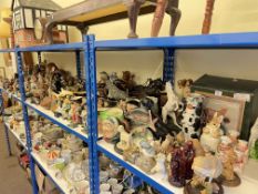 Large collection of pottery figures, animal ornaments, toby jugs, two Doulton character jugs,