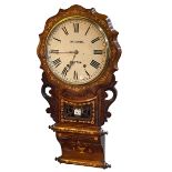 I Fattorini, Skipton, Victorian walnut and satinwood inlaid drop dial wall clock, 81cm.