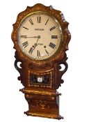 I Fattorini, Skipton, Victorian walnut and satinwood inlaid drop dial wall clock, 81cm.