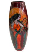 Large Anita Harris trial vase decorated with Deco lady, signed, 51cm.