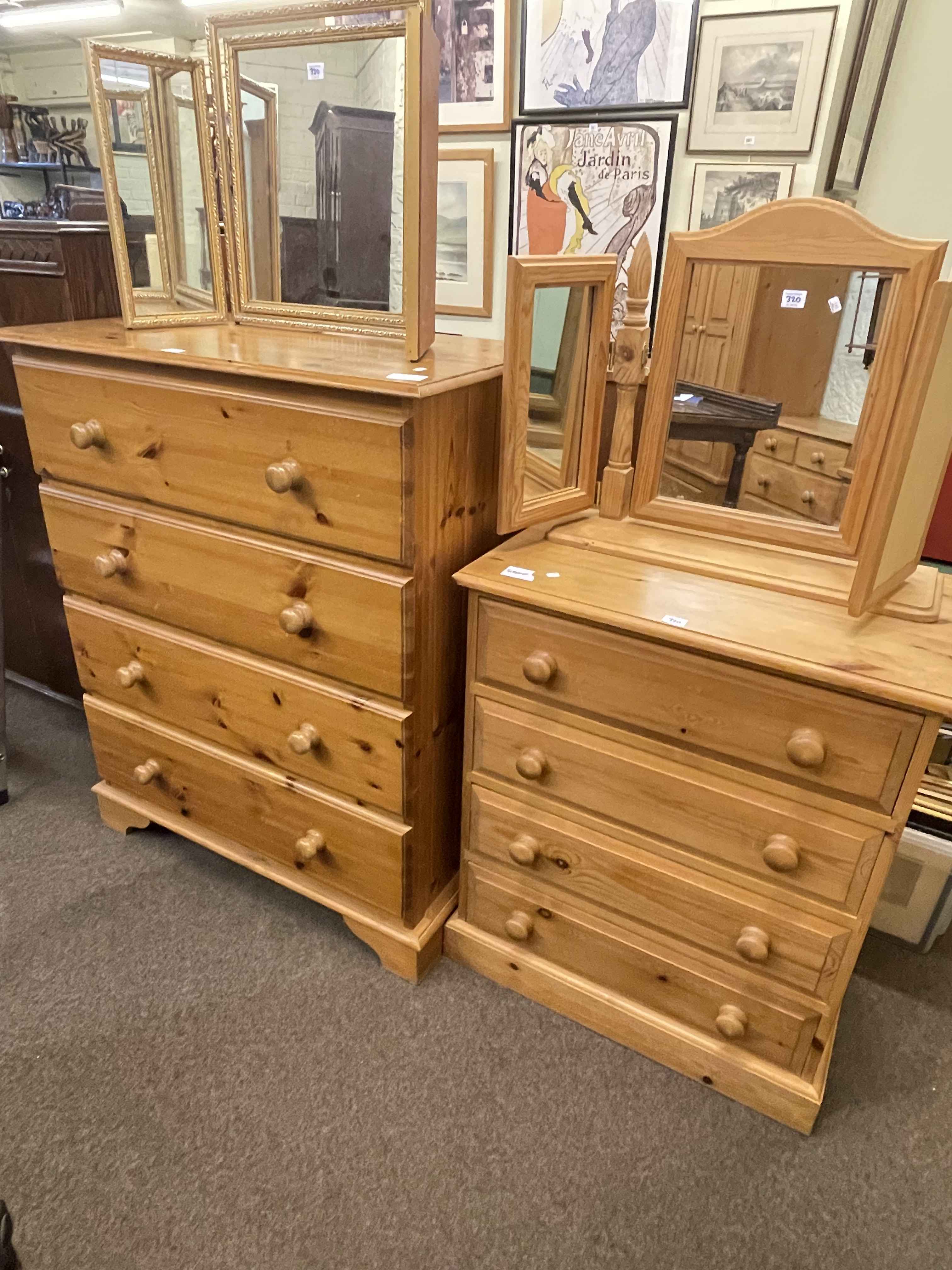 Pine four drawer chest and pine finish four drawer chest and pine triple mirror and gilt triple