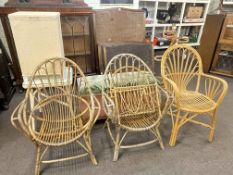 Three cane chairs, cane plant stand and magazine rack, bedroom table, linen bin and ottoman (8).