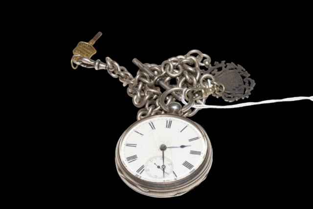 Victorian silver Chester hallmarked gents pocket watch, 1877, with albert, medal and key.