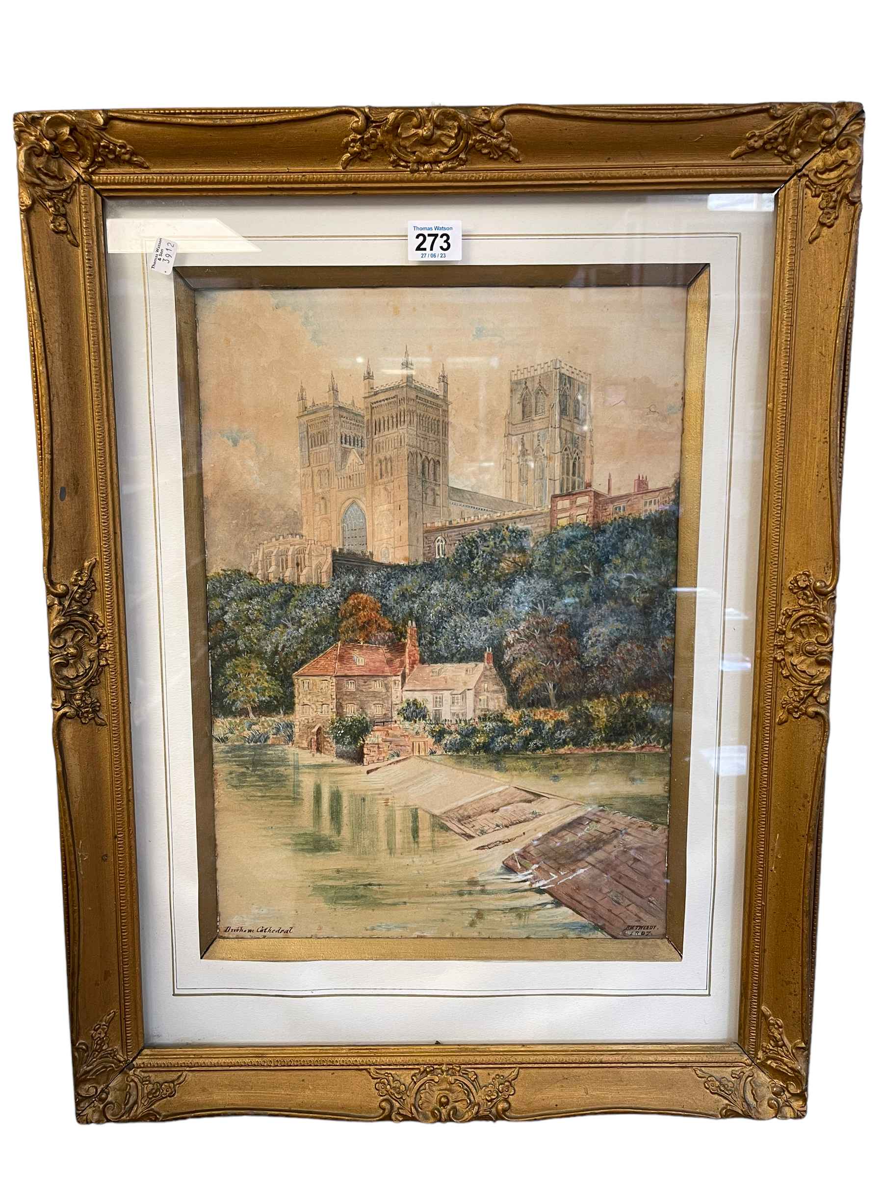 RW Tweedy 1897, watercolour of Durham Cathedral, 40cm by 29cm, framed.