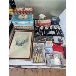 Collection of cased cutlery, advert tins, prints, pipes, etc.