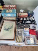 Collection of cased cutlery, advert tins, prints, pipes, etc.