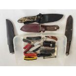 Box of knives, scabbards, penknives, etc.