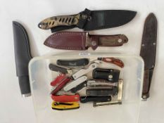 Box of knives, scabbards, penknives, etc.