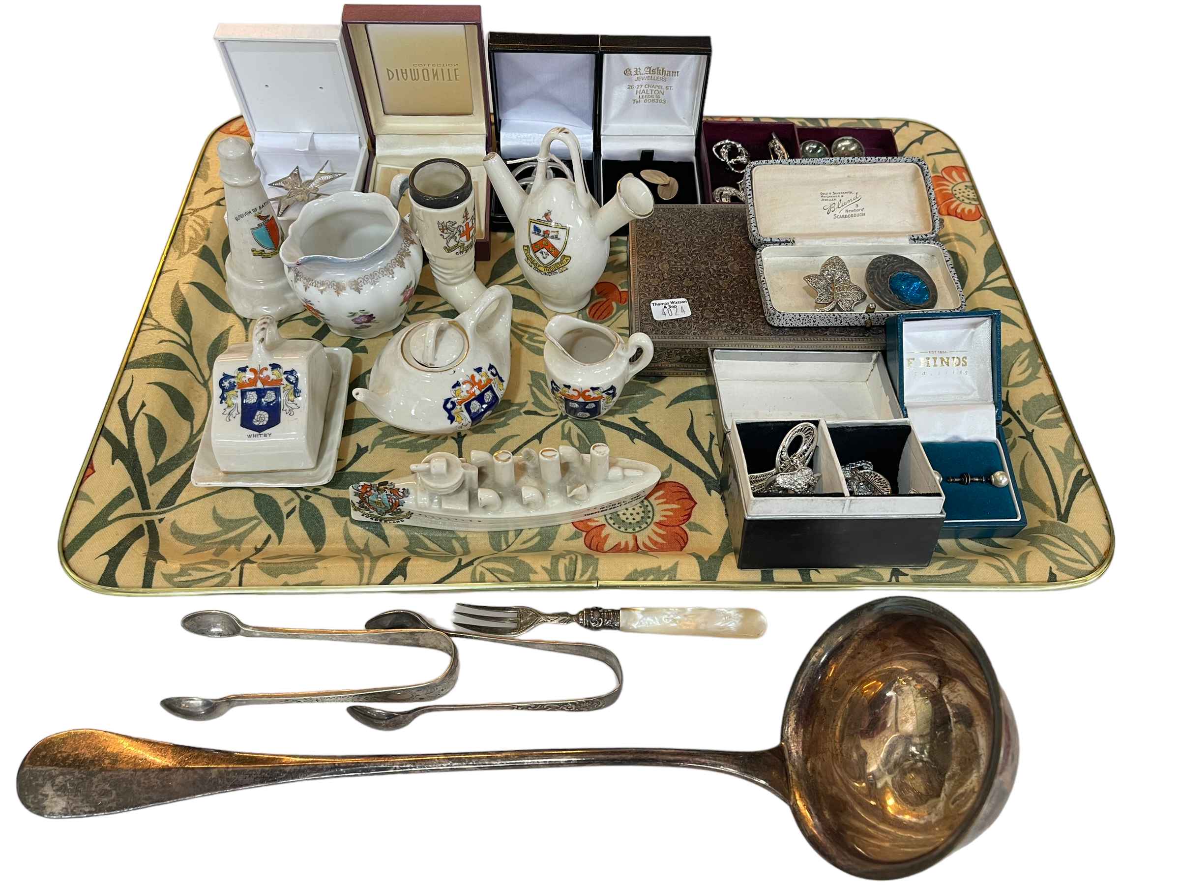 Collection of costume jewellery, silver plated wares, crested china, etc.