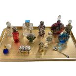 Collection of glass scent bottles, small porcelain box, silver salt spoon, etc.