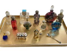 Collection of glass scent bottles, small porcelain box, silver salt spoon, etc.