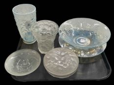 Opalescent glass vase, bowl and plate, Etling French glass lidded bowl,