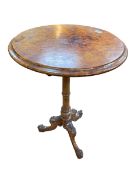 Victorian circular burr wood tripod occasional table, 72cm by 48cm diameter.
