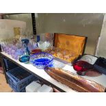 Collection of glass including ceiling lights, decanters, boxed Webb glasses, etc.