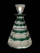 Art Deco green overlay glass decanter, etched signature indistinct, 23cm.