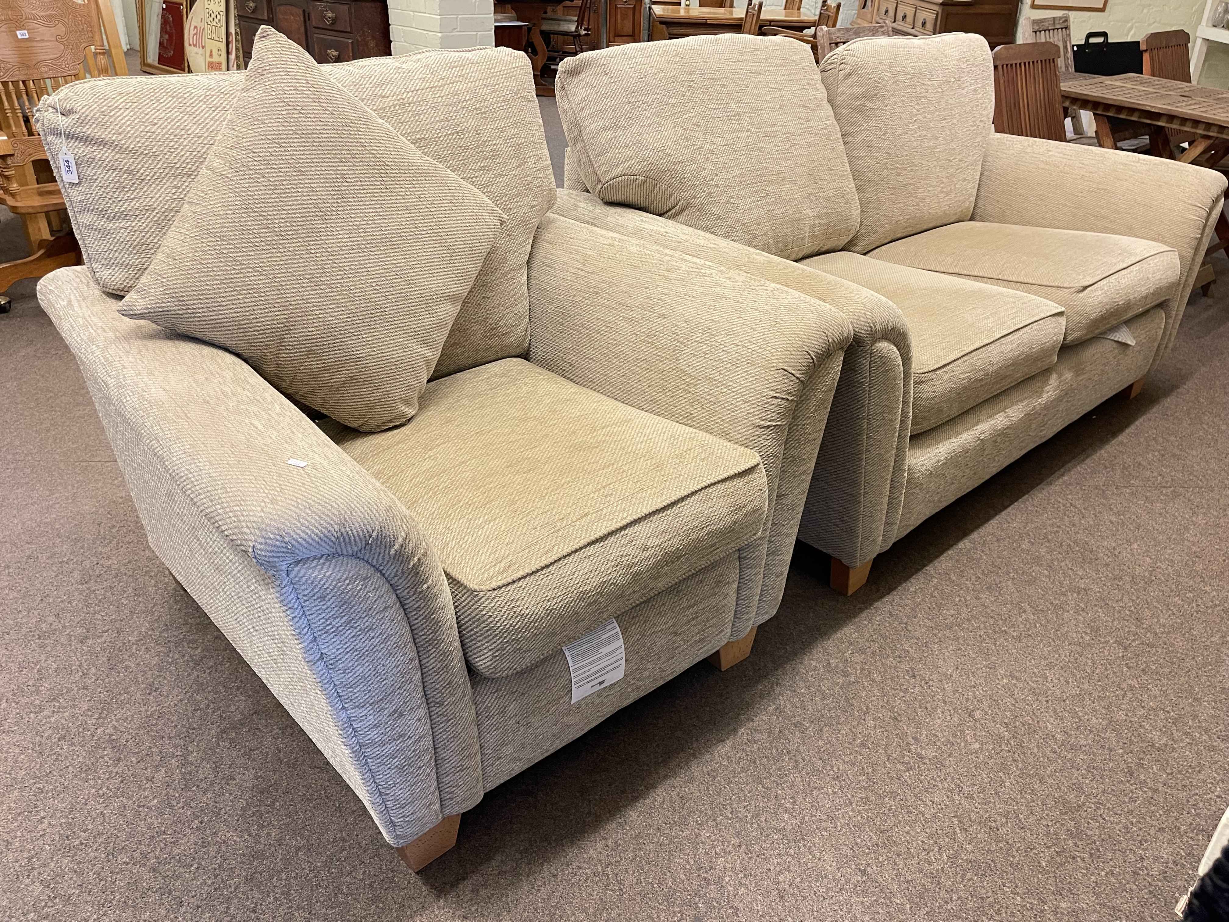 Alstons two seater settee and chair in oatmeal fabric.