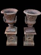 Pair cast iron twin handled Campana style urns and stands, both in three sections,