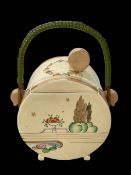 Clarice Cliff Bon Jour Napoli biscuit jar with cane handle, 15.5cm height of jar.