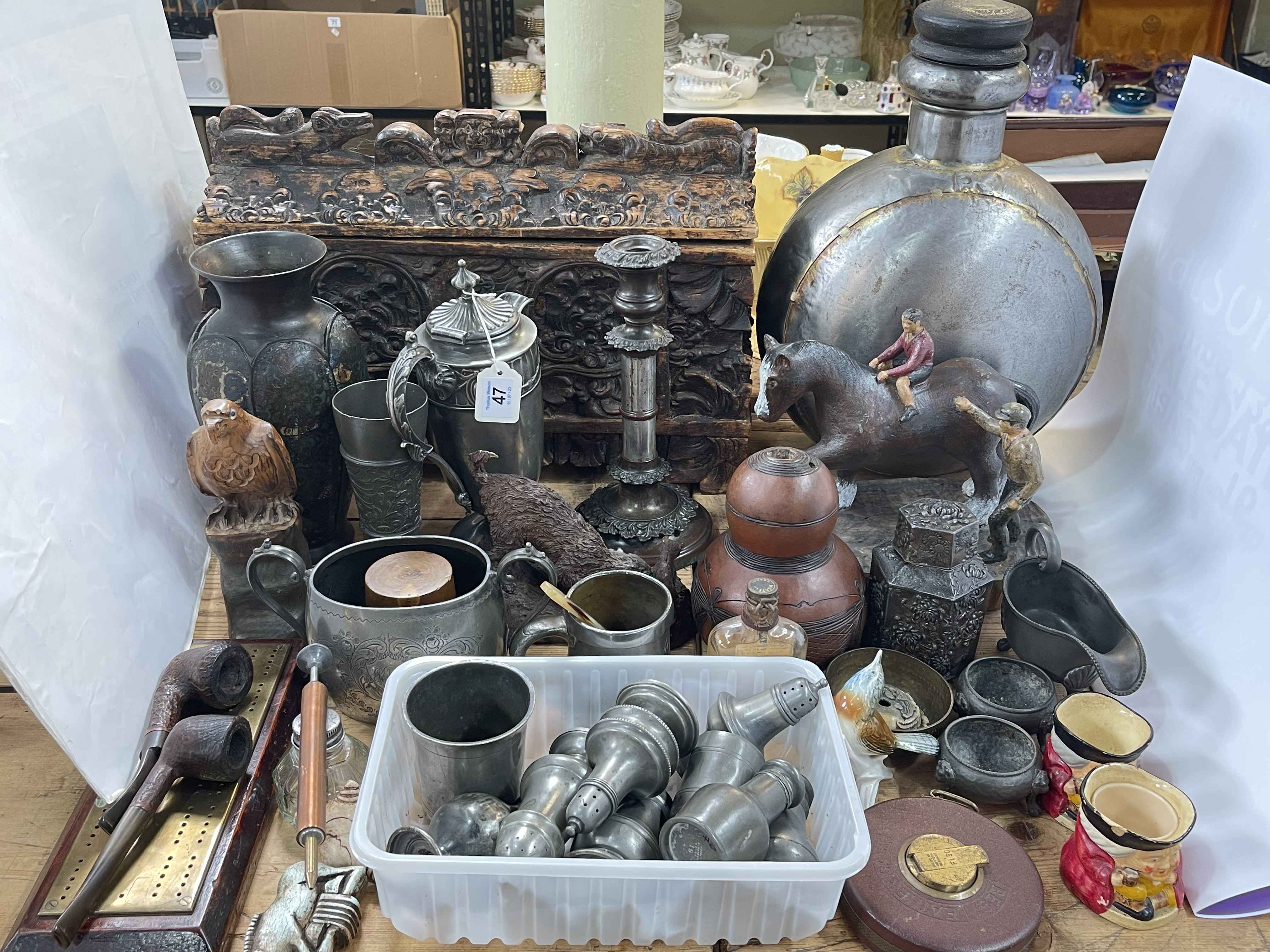 Pewter Wares including cellars, pipes, carved wood sculptures, decorative candle holder, etc.