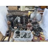 Pewter Wares including cellars, pipes, carved wood sculptures, decorative candle holder, etc.