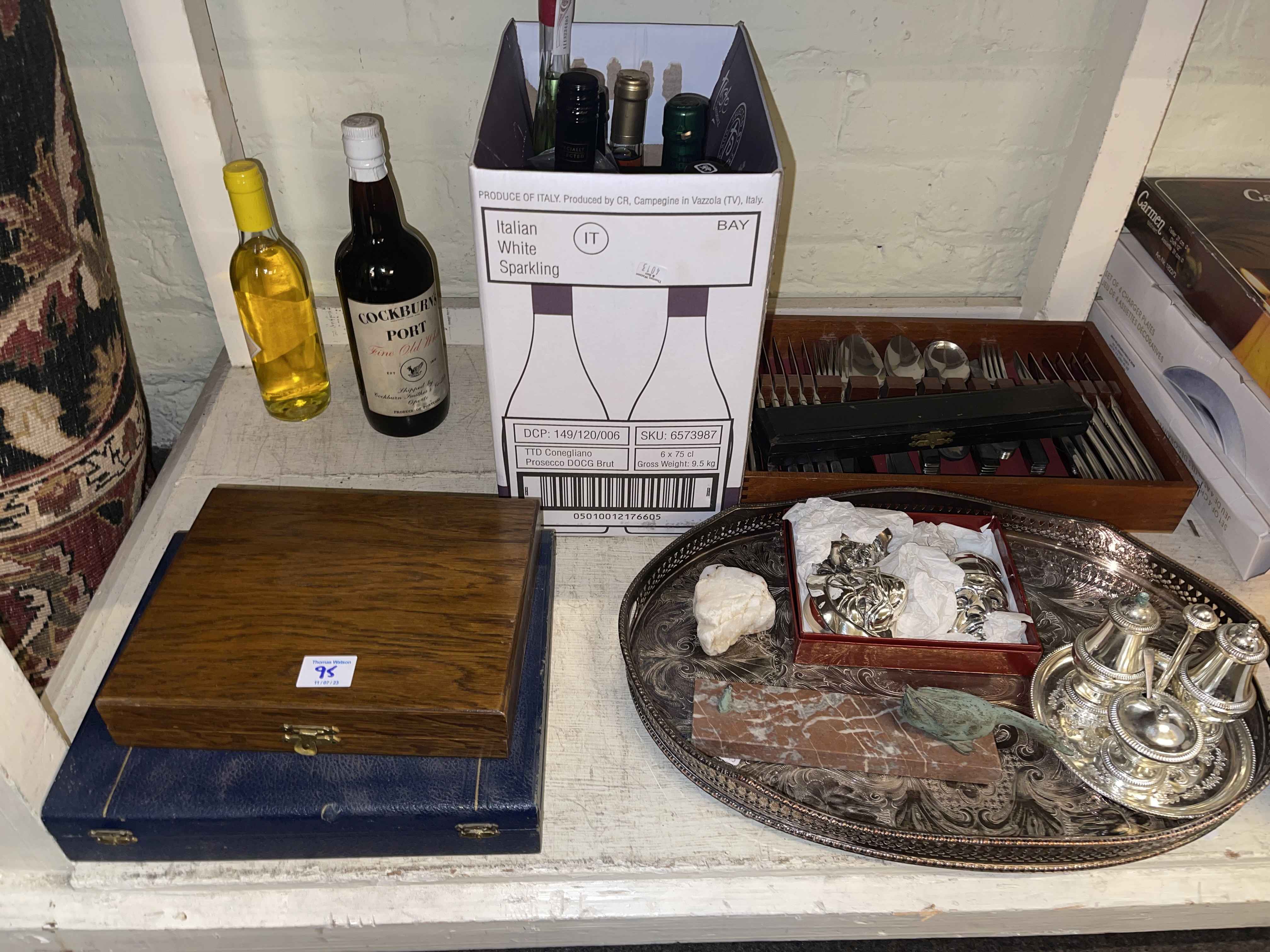 Shelf collection of glass, metalwares, mantel clocks, box of wine, etc. - Image 2 of 6