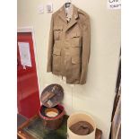 Military jacket, top hat in leather hat box, sheepskin pilots hat, etc.