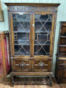 1920's carved oak cabinet bookcase having two astragal glazed doors above two panelled cupboard