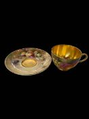 Royal Worcester fruit painted cup and saucer, signed Cox and Freeman.