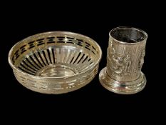 Silver taperstick holder embossed with Inn scene, 7cm, and silver bon bon dish (2).