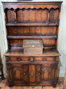 Period style oak shelf back dresser, 166cm by 107cm by 33cm.