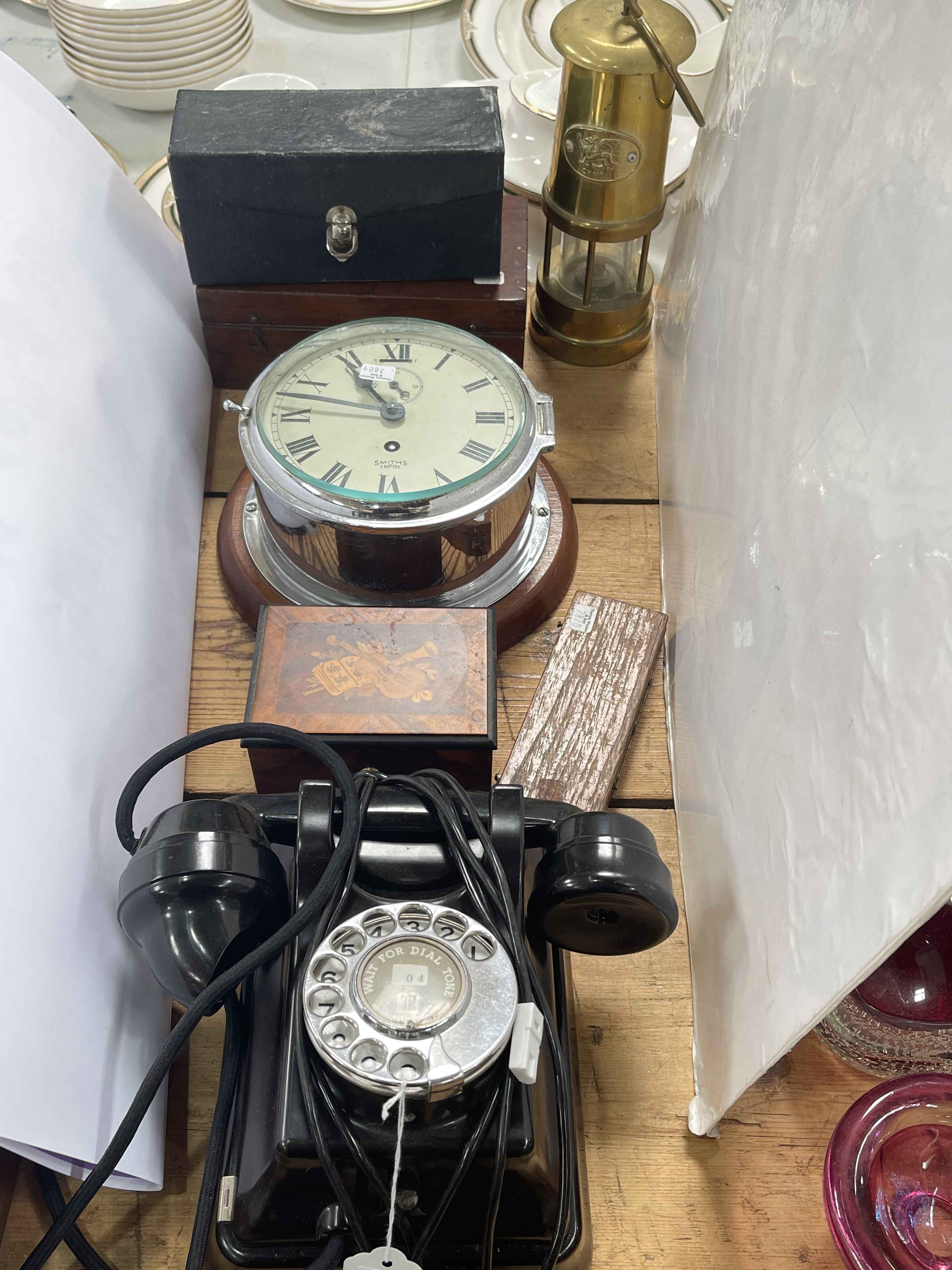 Compass adjuster, vintage Bakelite telephone, miners lamp, Smiths Empire ships clock, etc.