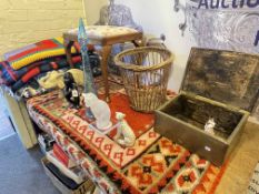 Welsh and Scottish blankets, slipper box, stool, wicker basket, etc.