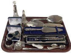 Three piece silver backed brush and mirror set, silver napkin rings,