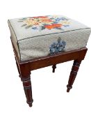 Victorian mahogany needlework seated stool on turned fluted legs, 49cm by 34.5cm by 28cm.