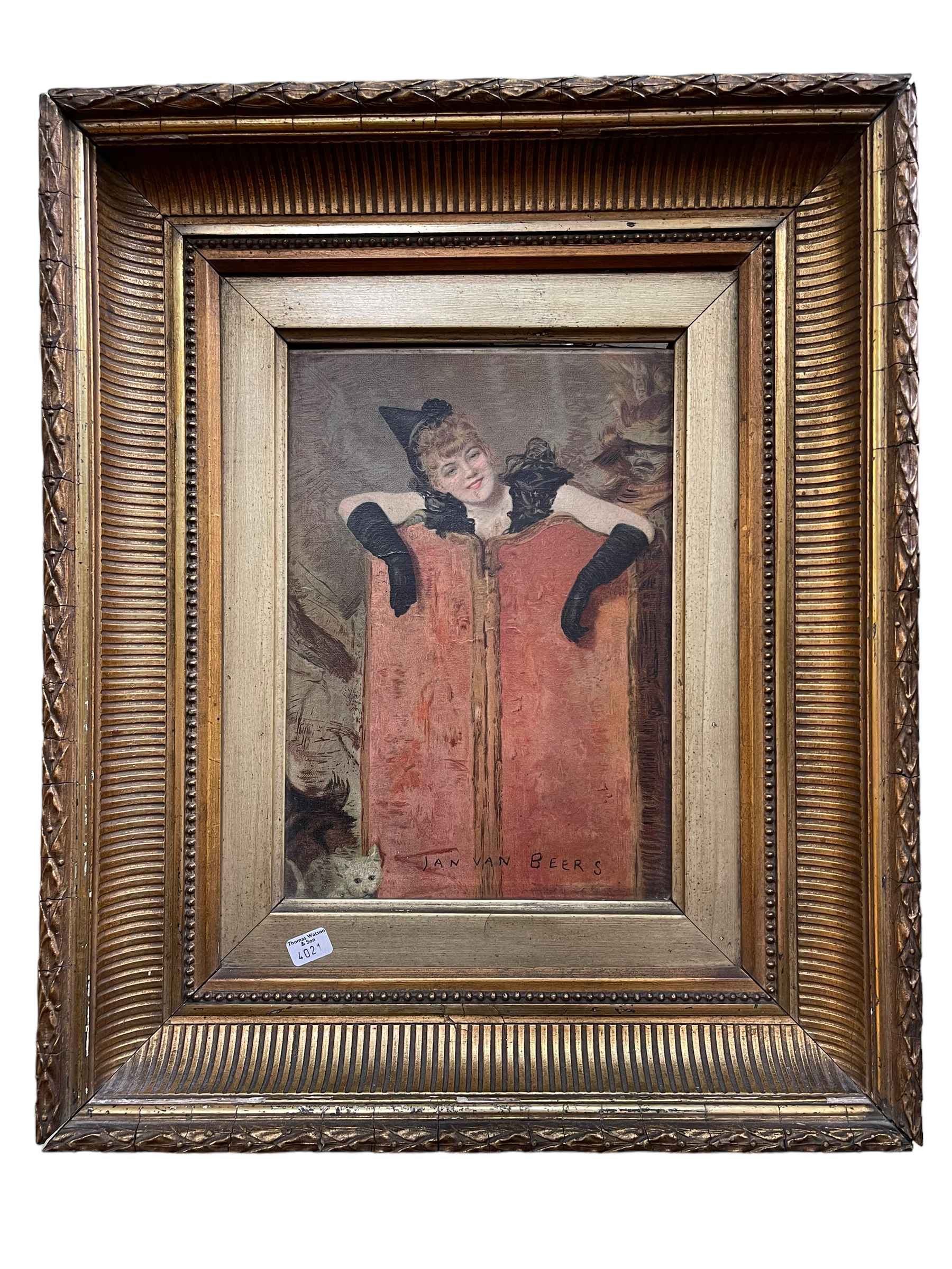 Jan Van Beers, Pierrot looking over a Screen, oil on panel, signed, 25cm by 17.5cm, in gilt frame.