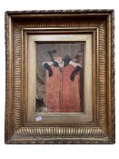 Jan Van Beers, Pierrot looking over a Screen, oil on panel, signed, 25cm by 17.5cm, in gilt frame.