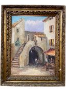 Continental oil on board, Figures in a Street, signed lower right, 67cm by 49cm in gilt frame.