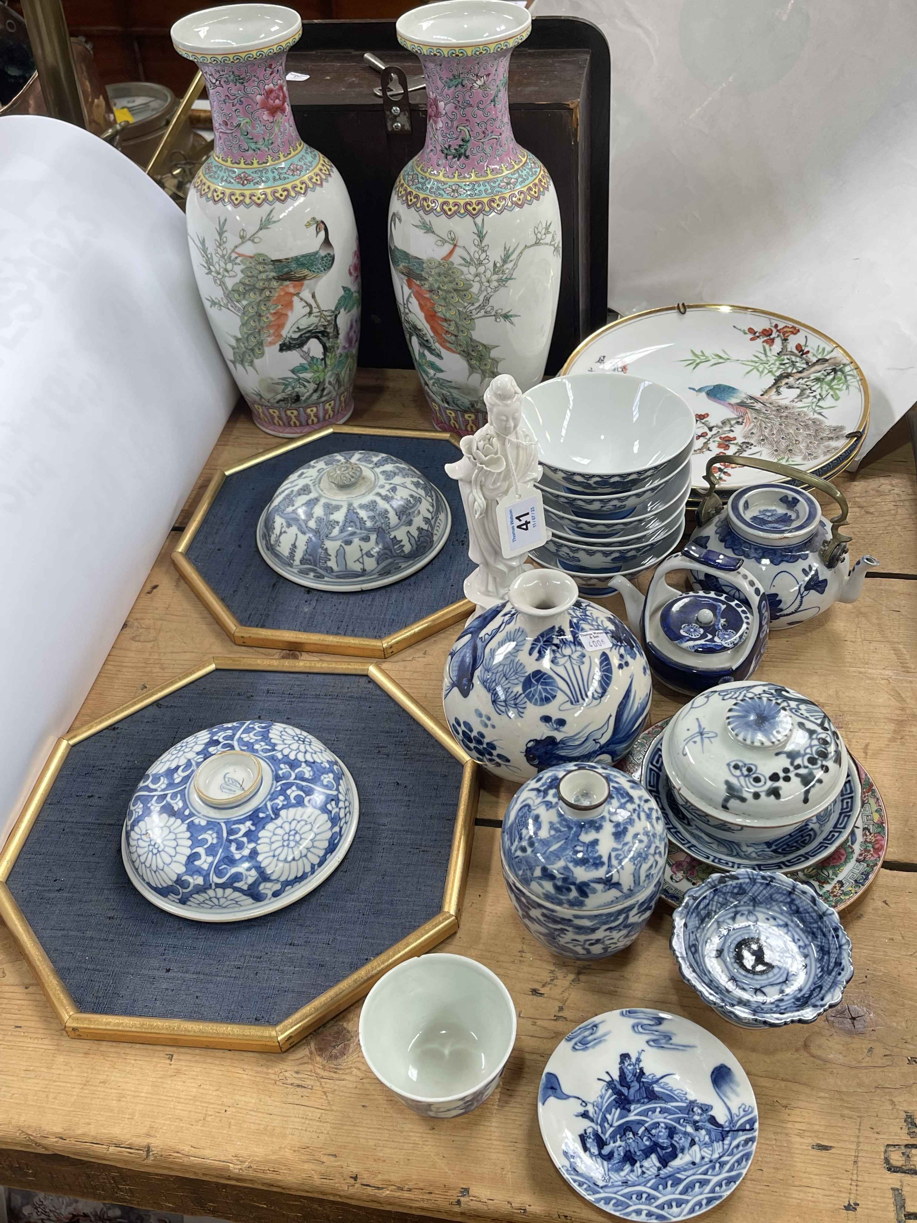Collection of Oriental wares including some antique blue and white pieces, signed pea hen plate,